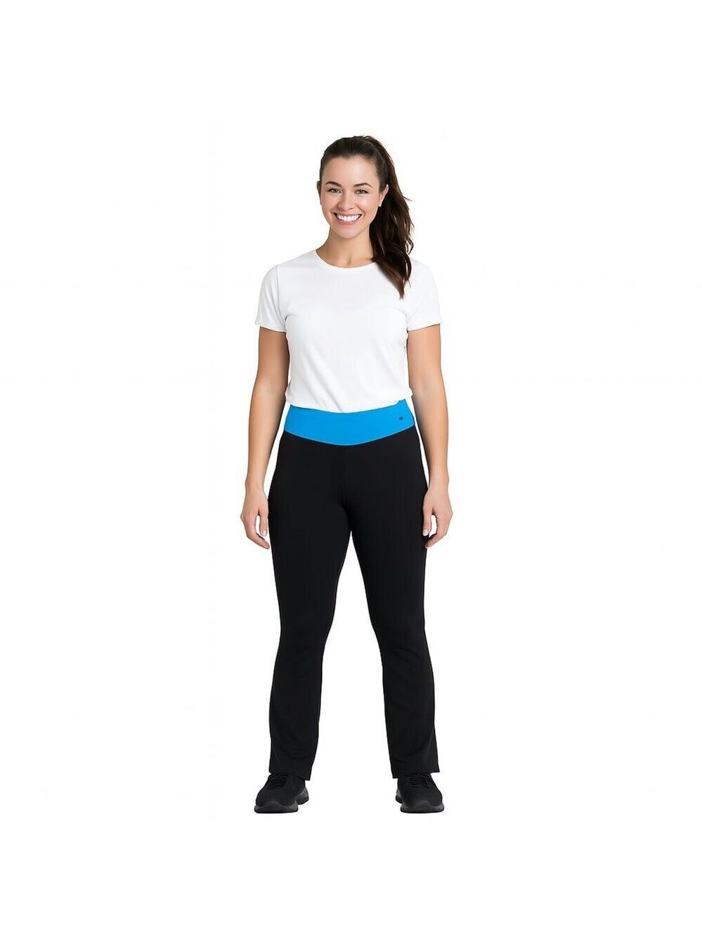 Nike Fit Dry Yoga Pants L Black Straight Leg Turquoise Waistband Stretch Workout